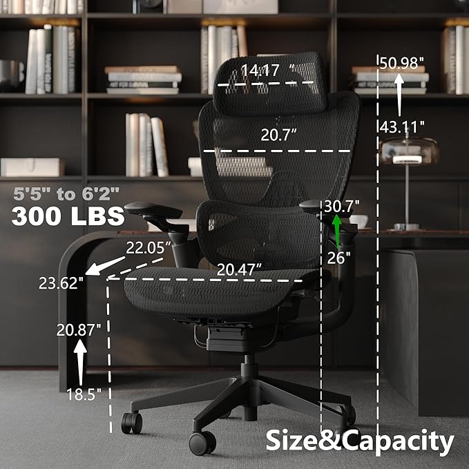 Ergonomic Office Chair, Big and Tall Home Desk Chair with Adjustable 3D Lumbar Support, 5D Armrest, 4D armrests, Mesh Computer Chair,90-130°Tilt, Model Zen (All Black)