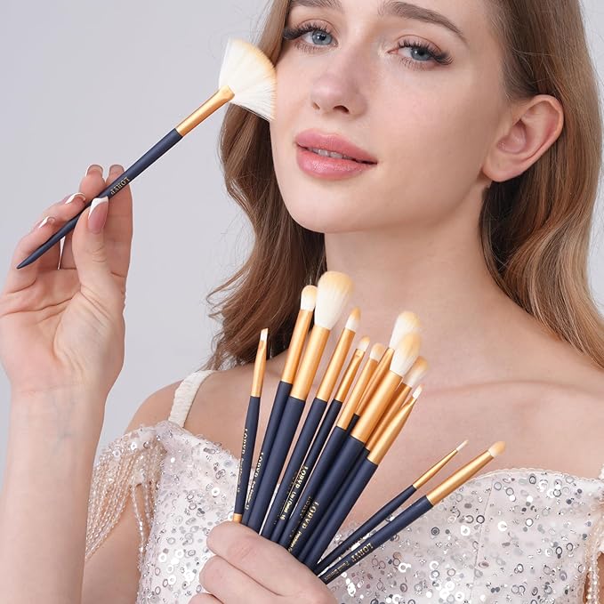 LORYP Makeup Brushes Set Labeled 18 Piece Face and Eye Brush Set Ultra soft hair Foundation, Concealer, Blush, Contour, Blending, Eyeshadow Blue Brush kit