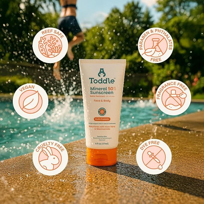Prebiotic Mineral Sunscreen SPF 50 for Kids & Baby, Face & Body Sun Protection, Reef Safe, Non-Toxic Zinc Oxide Broad Spectrum, Water-Resistant, No White Cast, Travel Size 3.4oz