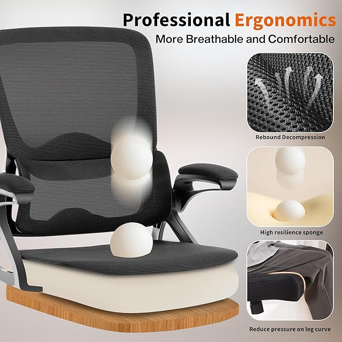 Ergonomic Office Chair,Mesh Office Chair with Lumbar Support,Mid Back Desk Chair with Flip-up Arms,400 lbs Comfy Computer Chair for Home Office