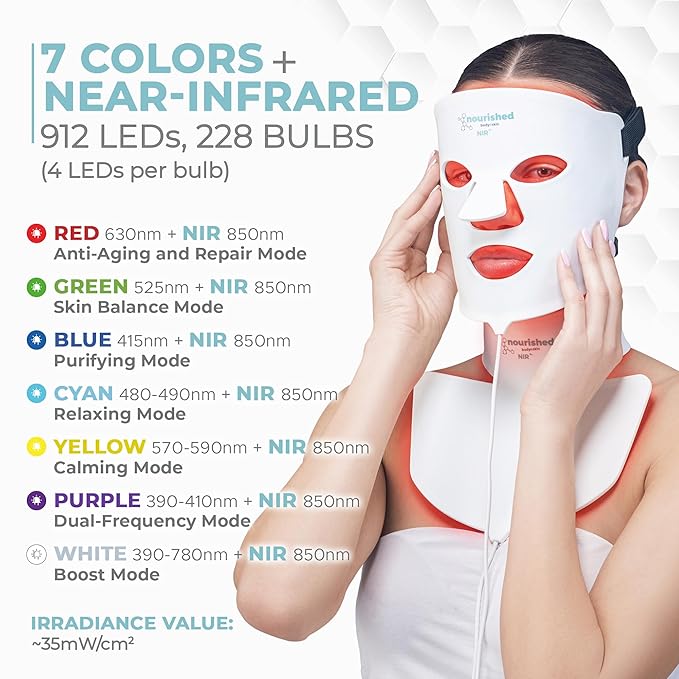 7 Colors LED Face and Neck Mask with Near-Infrared - Blue, Red Light Therapy for Face - 912 LEDs - Skincare Tool for Anti-Aging