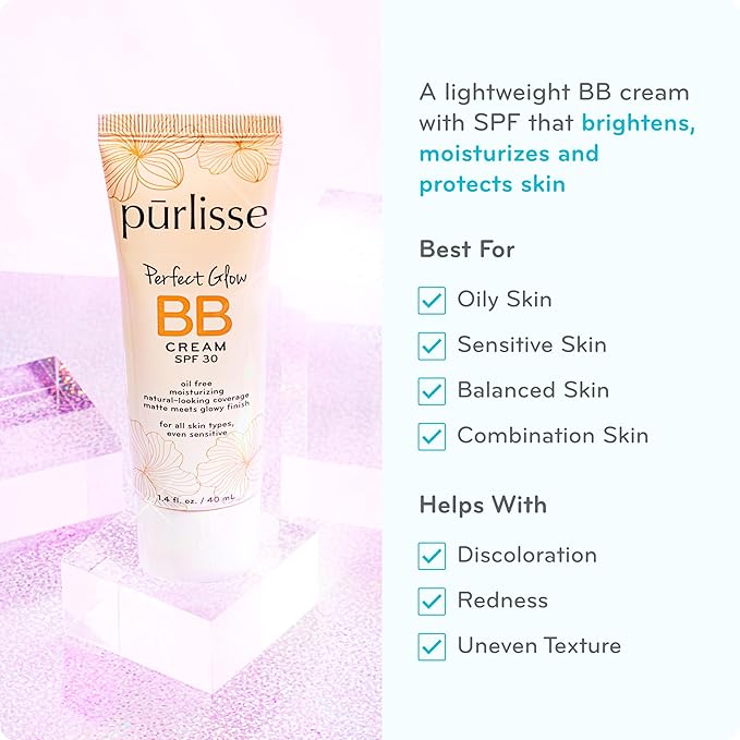 pūrlisse Perfect Glow BB Cream with SPF 30 - Matte Meets Dewy Finish - Enriched with Goji & Hawthorn Berry to Help Improve Skin Texture & Radiance - Medium Golden (1.4 oz)