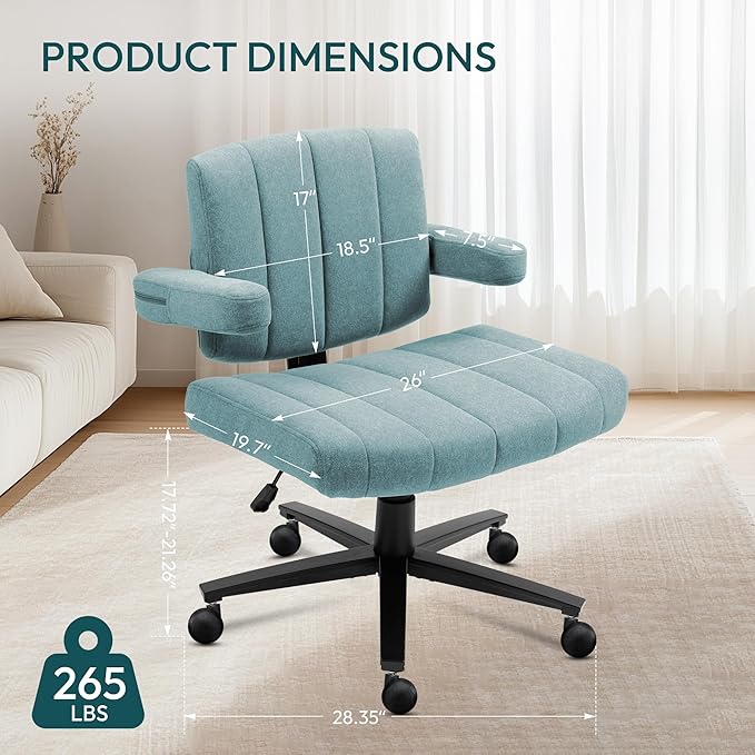 Blue Criss Cross Office Chair with Wheels, Ergonomic Wide Seat Vanity & Dressing Table Chair, Adjustable Arms Swivel Rolling Desk Chair for Women, Comfortable Cross-Legged Support