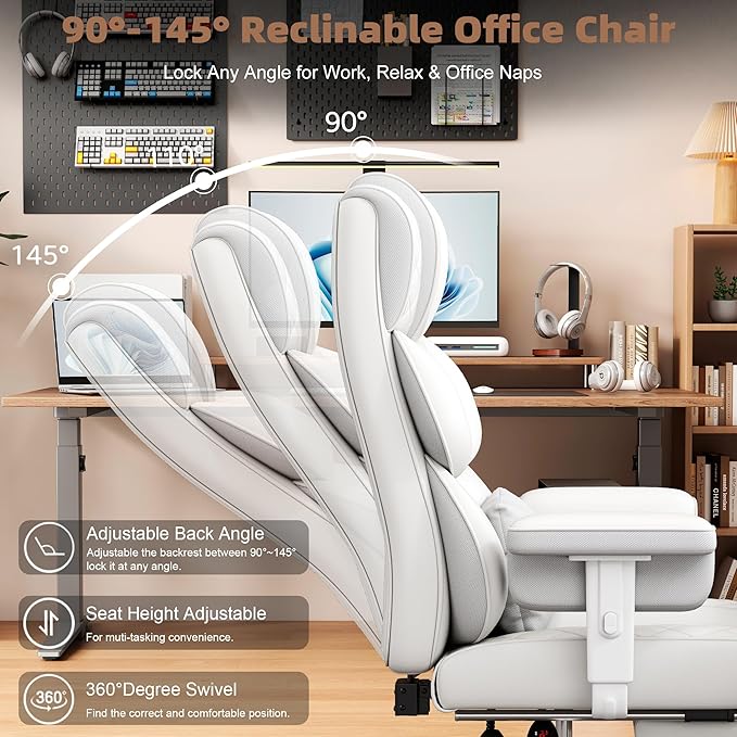 Vonesse Big and Tall Office Chair, Desk Chair with Soft Adjustable Armrests, Ergonomic High Back Gaming Chair with Lumbar Support, Executive Computer Chairs with Footrest (PU Leather, Ivory White)