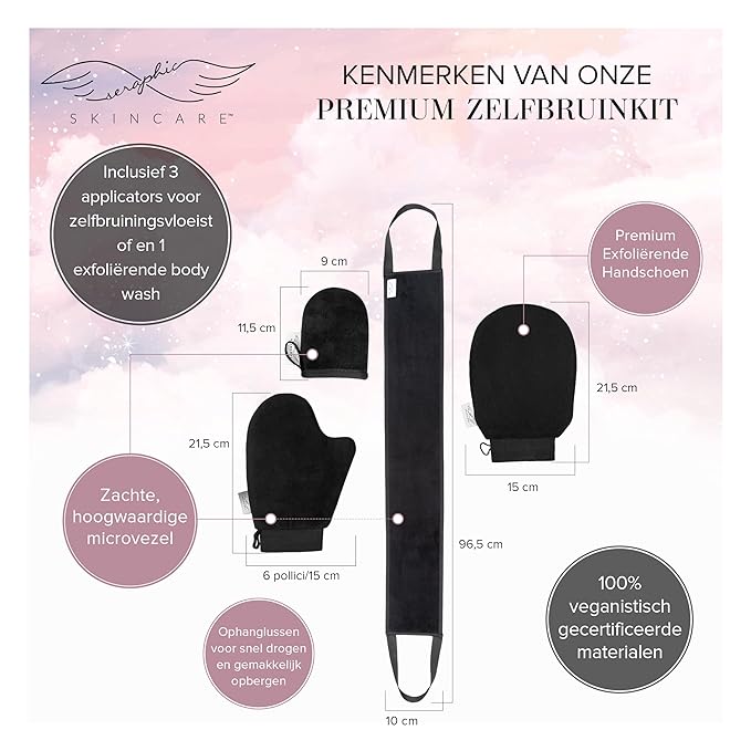 Seraphic Skincare 4-Piece Self Tanner Kit - Includes Premium Exfoliating Self Tanner Mitt, Facial Tanning Mitt, Body Tanning Applicator Mitt, and Back Tanning Applicator Belt for a Perfect Tan Glow