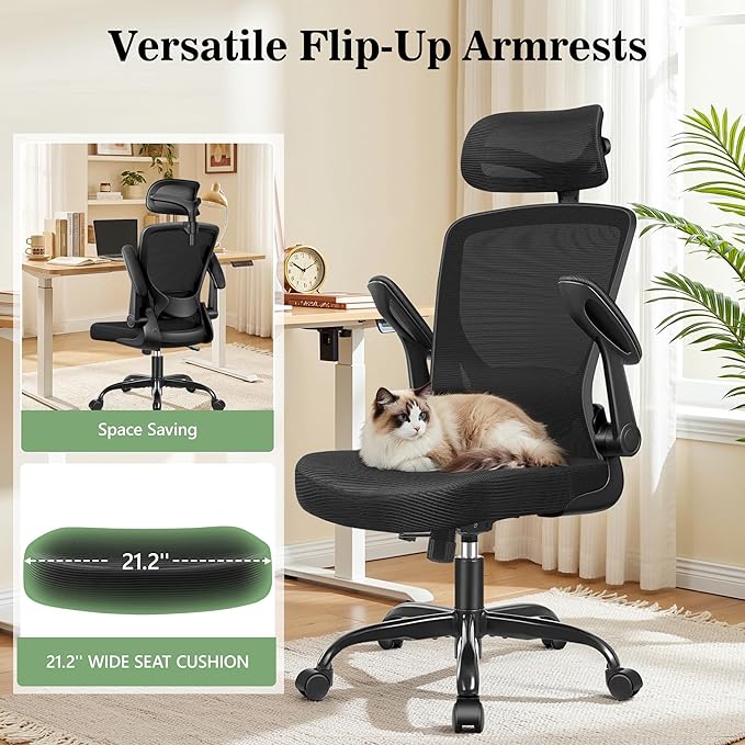 Ergonomic Office Desk Chair Comfy, High Back Mesh Office Desk Chairs with Adjustable Lumbar Support, Headrest, Flip-up Armrests, Home Computer Chair for Gaming, Work, 6 Pack