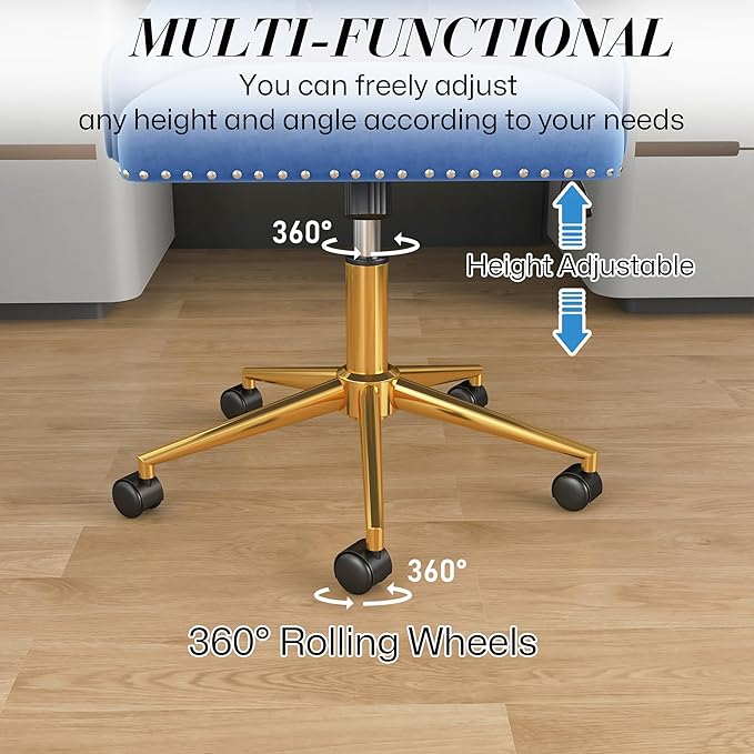 Velvet Armless Home Office Desk Chair, Swivel Height-Adjustable Small Cute Vanity Chair for Women/Girls, Comfy Makeup Chair with Rivet and Gold Base for Living Room, Bedroom(Blue)