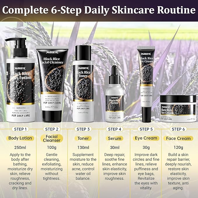 Natural Black Rice Skin Care Routine Set For Women, Anti Aging Face Kit With Face Wash, Toner, Serum, Body Lotion, Cream, Eye Cream, 6 PCS Skin Care Gift Set For All Skin Types, Acne, Fine Lines