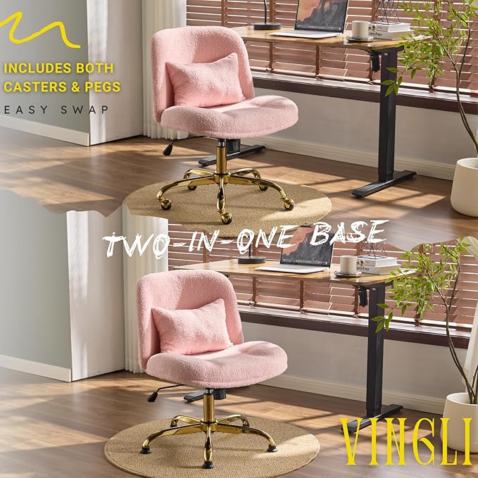 VINGLI Wide Criss Cross Legged Office Chair,Buttprint Ergonomic Desk Chair Comfy with Pillow&Gold Base,Dual-Use with/no Wheels,Adjustable Vanity Swivel Chair for Bedroom,Home Office,Teddy Fleece,Pink
