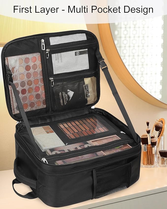 TANTO Makeup Backpack, Makeup Artist Bag Professional Cosmetic Bag with 4 Bag Extra Large Travel Train Case Double-Layer Make up Storage Organizer Cosmetic Brush Case with Adjustable Divider (Black