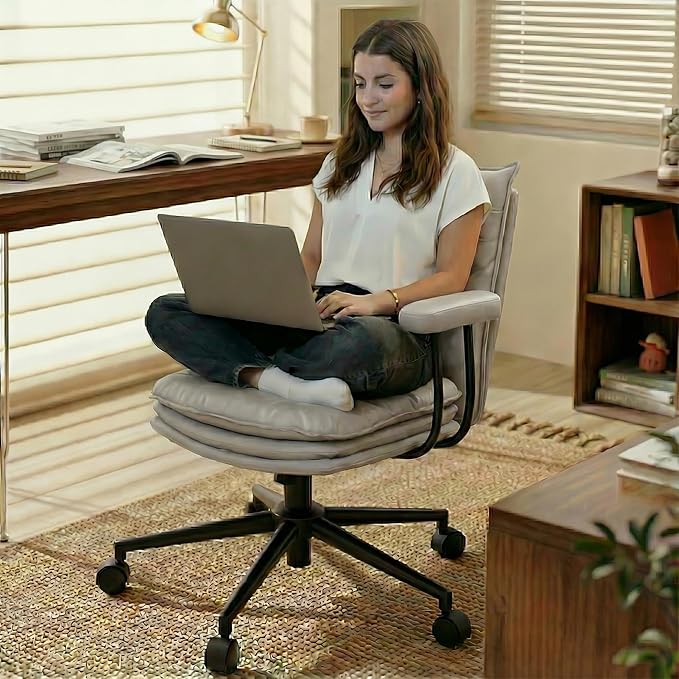 Grey Office Chair with Triple-Layers Thicken Wide Seat, Mid Back Leather Desk Chair with Wheels and Arms, Mid-Century Modern Computer Chair for Home Office