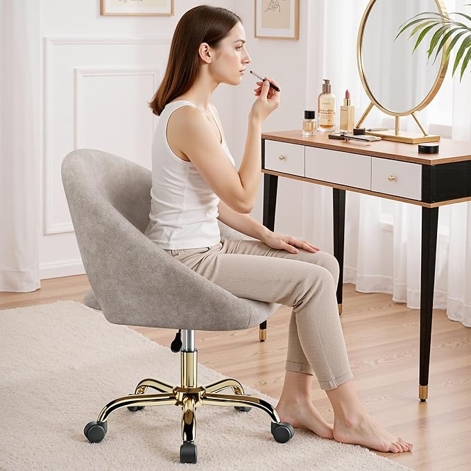 Vanity Chair with Wheels, Waterproof Modern Makeup Vanity Chairs with Back Adjustable Height, Comfy Cute Home Office Desk Chairs for Bedroom, Living Room (Khaki)