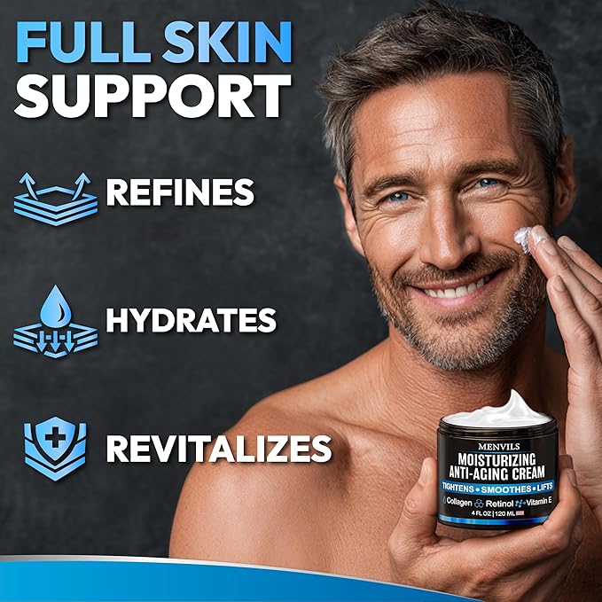 Mens Face Moisturizer Cream - Anti Aging & Wrinkle Repair - After Shave Lotion for Men with Collagen, Retinol, Vitamins E, Jojoba Oil - Age Facial Skin Care - Lightweight Day & Night Cream - 4 oz