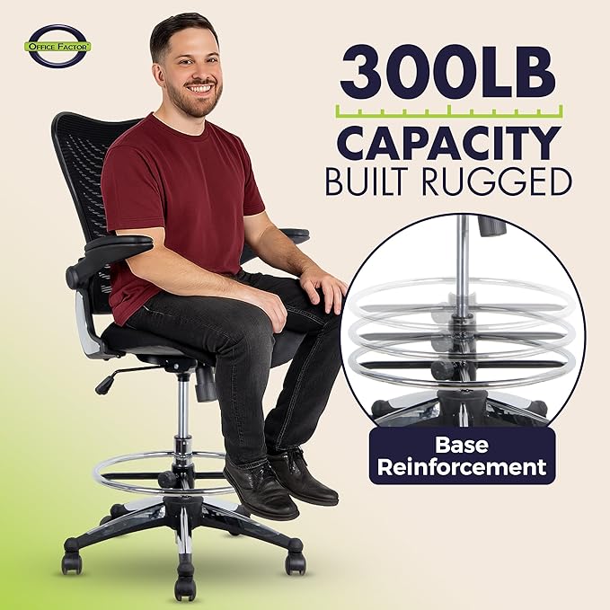 OfficeFactor 300 Lbs Ergonomic Drafting Chair Tall Office Chair Standing Desk Chair Flip up Armrests Molded Foam Seat with Adjustable Footrest Ring Lumbar Support (Black MESH Fabric)