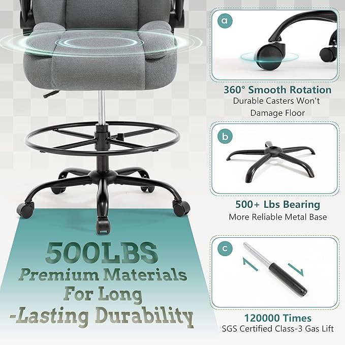 Ergonomic Drafting Chair, Tall Office Chair for Standing Desk, High Back Standing Desk Chair with Flip-Up Armrest, Adjustable Height & Foot Ring, Executive Fabric Extended Height Office Chairs, Grey