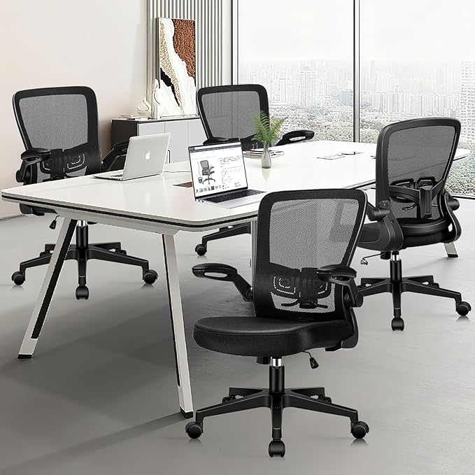 Desk Chairs with Wheels, Ergonomic Mesh Office Chair Adjustable Height and Swivel Lumbar Support Home Office Chair with Flip Up Armrests, Set of 12