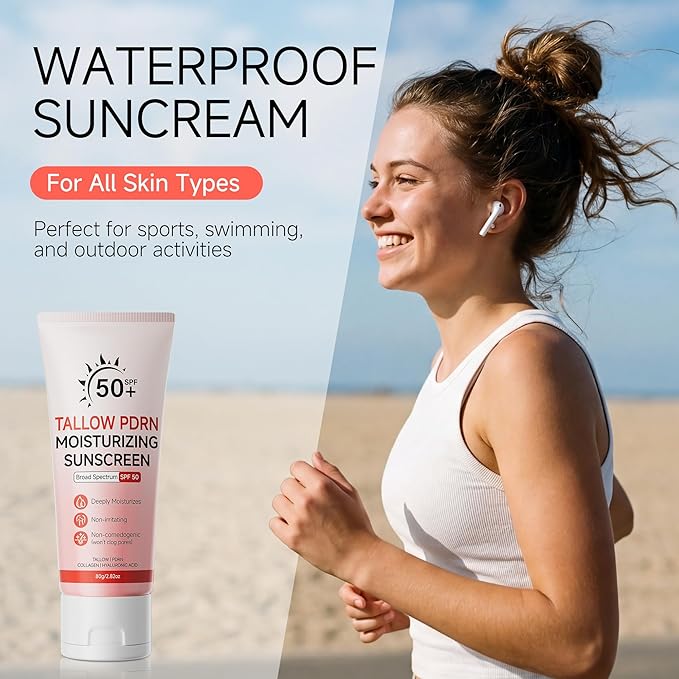 Beef Tallow Sunscreen With Non-Nano Zinc Oxide, Mineral Sunscreen SPF 50 Natural Sunscreens for Face and Body, Salmon PDRN Sunblock Moisturizing Sun Screen for Sensitive Skin & Kids, 2.82 OZ