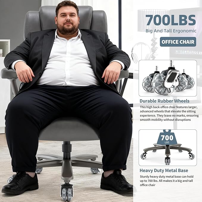 Big and Tall Office Chair 700lbs- Large High Back Executive Computer Desk Chair with 3D Flip-Up Arms, Adjustable Lumbar Support, Extra Wide Plus Size Seat, Heavy Duty Metal Base & Quiet Rubber Wheels