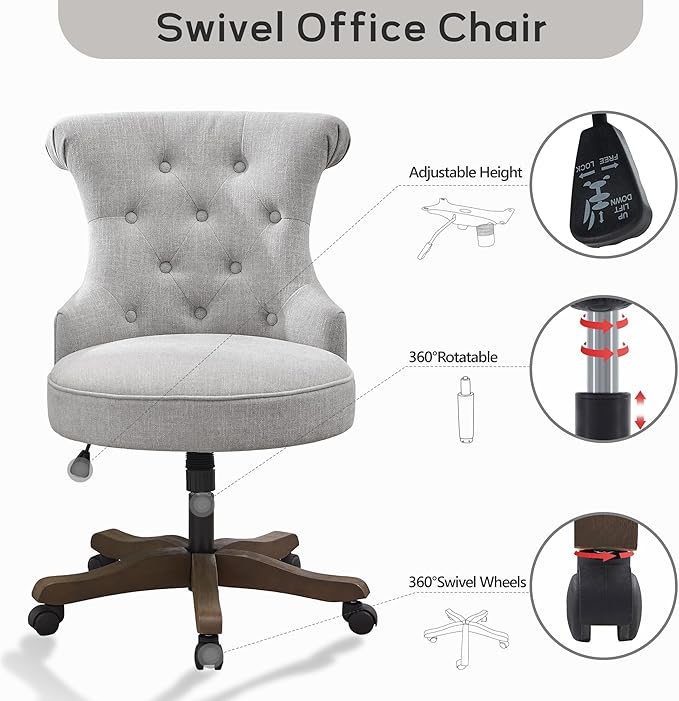 HUIMO Home Office Chair Upholstered Armless Desk Chair with Wheels Adjustable Height Computer Desk Chair with Wooden Legs Linen Comfortable Swivel Chairs for Home Office Study Studio (Light Grey)