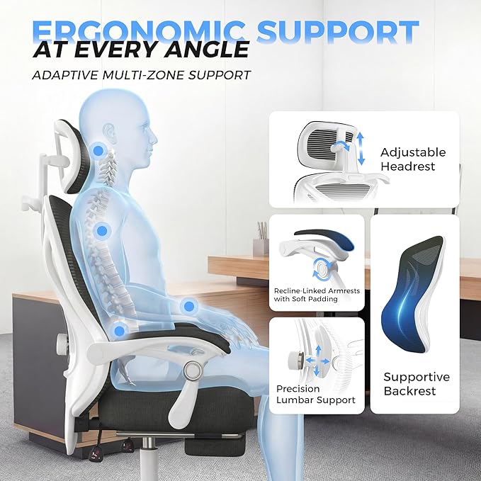 Ergonomic Office Chair with Footrest - Adjustable Lumbar Support & Headrest, 90-160° Reclining Mesh Back Computer Chair - Home Office/Gaming, 350lbs Capacity (SGS Certified)