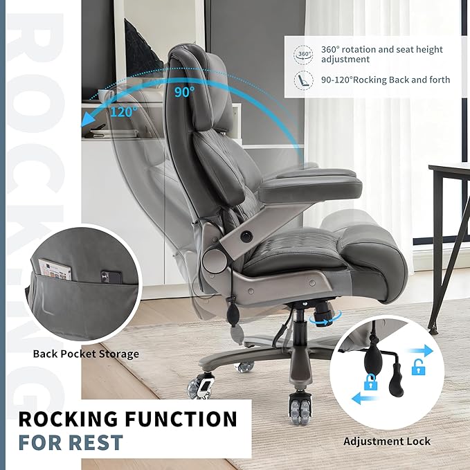 Big and Tall Office Chair 700lbs- Large High Back Executive Computer Desk Chair with 3D Flip-Up Arms, Adjustable Lumbar Support, Extra Wide Plus Size Seat, Heavy Duty Metal Base & Quiet Rubber Wheels
