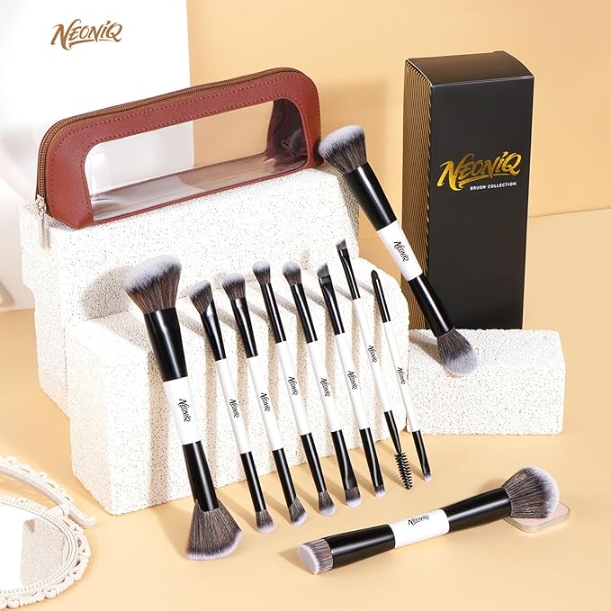 10 PCS Travel Makeup Brush Set With Bag, Makeup Brushes, Double-End Multi-functional Brushes for Foundation Powder Blush Eyeliner Eyeshadows, Professional Face Brush Set（White）