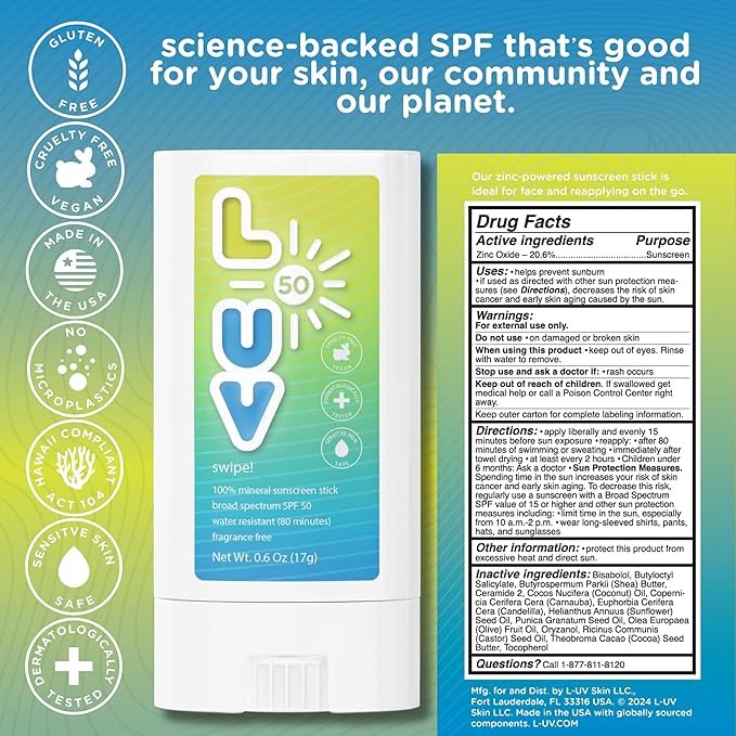 L-UV swipe! SPF 50 Mineral Sunscreen Stick, Broad-Spectrum Protection Against UVA & UVB Rays, Perfect For Everyday Activities & Outdoor Adventures, Lightweight Sun Protection, Sensitive Skin Safe.