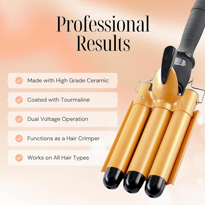 Alure Three Barrel Curling Iron Wand with LCD Temperature Display - 1 Inch Ceramic Tourmaline Triple Barrels, Dual Voltage Crimping Tool, Best Hair Waver for Beachy/Frizz Free Waves (zGold)