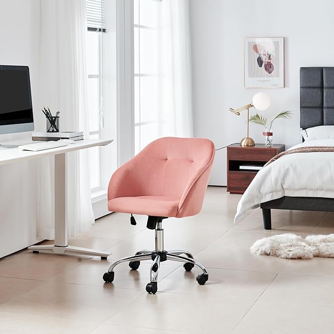 Yaheetech Pink Office Chair Small Cute Vanity Chair with Back Wheels Velvet Swivel Rolling Desk Computer Armchair for Bedroom Living Room