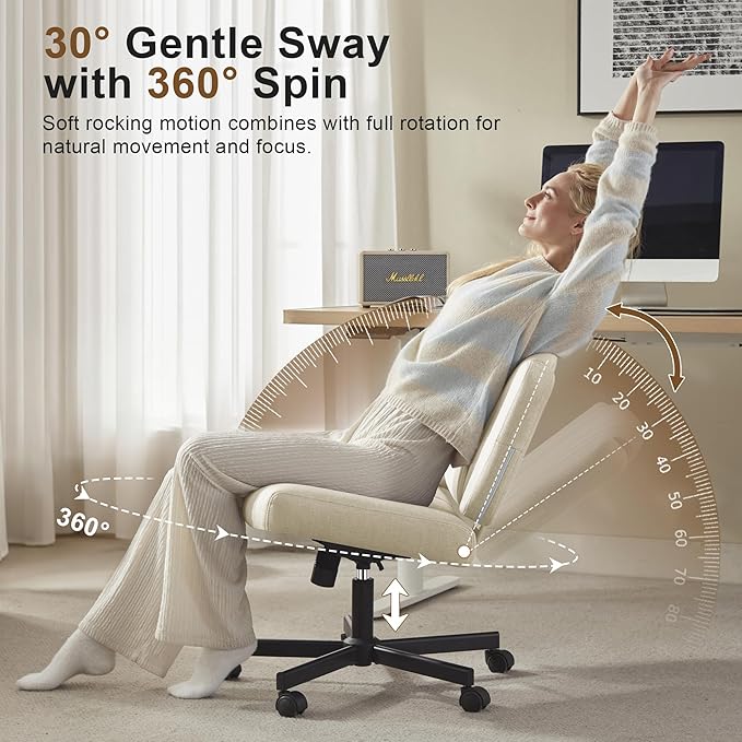 Criss Cross Chair with Wheels - Wide Seat Cross Legged Office Chair with Flip-up Arms - Comfy Swivel Rolling Desk Chair with Thick Cushion and Rocking Function for Home Office Vanity Bedroom