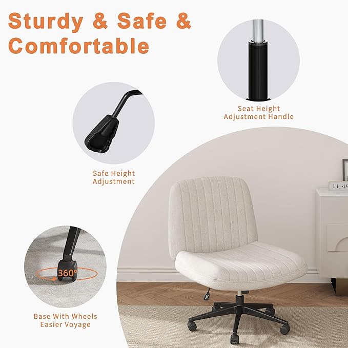 Shintenchi Criss Cross Chair,Cross Legged Office Seat with Wheels Armless Swivel Vanity Chair,Height Adjustable Wide Computer Task Seating for Home Office,Beige