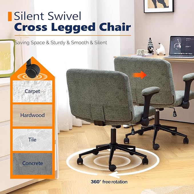 VINGLI Criss Cross Chair with Adjustable Flip-Up Arms,Cross Legged Chair with Wheels, Extra Wide Office Chair,Cozy Desk Chair for Home Office, Vanity, Apartment,Chenille Velvet,Dark Green