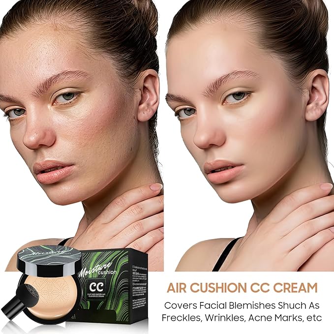Air Cushion CC Cream Foundation - Mushroom Head BB Cream Face Makeup Moisturizing Concealer Brighten Long-Lasting, Even Skin Tone for All Skin Types (2 PCS Natural)