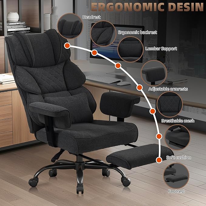 Vonesse Big and Tall Office Chair, Computer Chair with Soft Adjustable Armrests, Ergonomic Gaming Chair with Breathable Linen Design, Executive Chairs with Footrest (Linen Fabric, Classic Black)