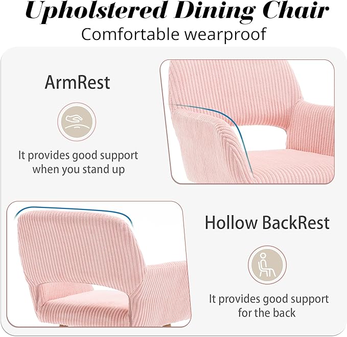 KCC Small Modern Dining Room Arm Chairs Set of 2, Mid-Century Upholstered Corduroy Fabric Side Seat Club Guest with Metal Tube Legs for Kitchen, Living Room, Pink