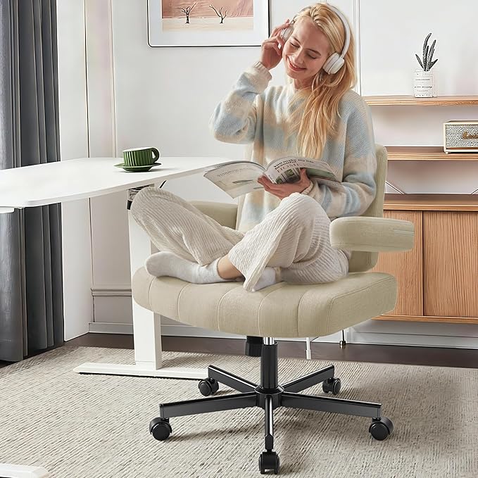 Criss Cross Chair with Wheels - Wide Seat Cross Legged Office Chair with Flip-up Arms - Comfy Swivel Rolling Desk Chair with Thick Cushion and Rocking Function for Home Office Vanity Bedroom