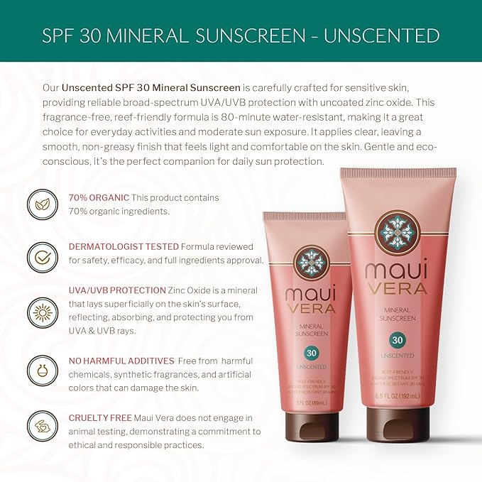 SPF 30 Mineral Sunscreen - Unscented (3.0 oz) Water-Resistant up to 80 minutes, TSA Approved