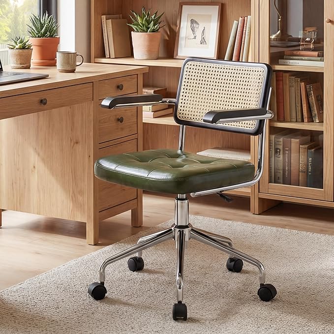 Zesthouse Modern Home Office Chair Leather Desk Chair with Rattan Back, Vanity Chair for Girls Women, Upholstered Tufted Swivel Armchair for Bedroom, Height Adjustable Computer Task Chair