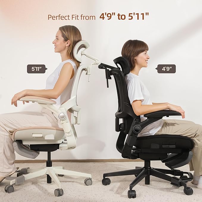 CabLady S2 Petite Ergonomic Office Chair for Women, Small Frame Desk Chair with Adjustable Lumbar, Headrest & Footrest, Space-Saving Flip-Up Armrests