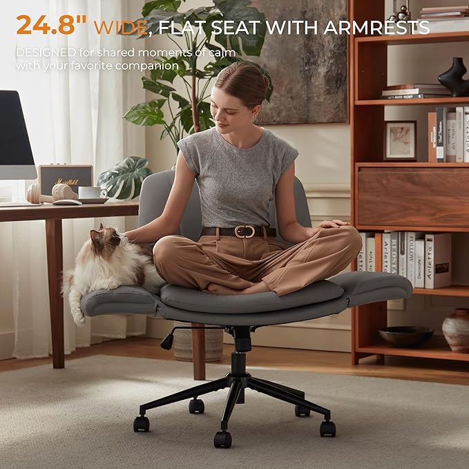 Dowinx Criss Cross Chair with Five-Level Adjustable Arms and Wheels - Comfortable Ergonomic PU Leather Swivel Vanity Chair - Computer Makeup Gaming Chair for Home Office, Bedroom, Vanity Room (Grey)