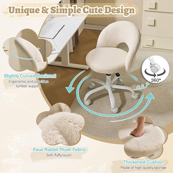 VINGLI Small Vanity Chair with Faux Fur Wheels for Girls,Cute Adjustable Height Armless Office Desk Chair,360°Swivel Comfy Rolling for Study,Make up Room,Small Space,Khaki