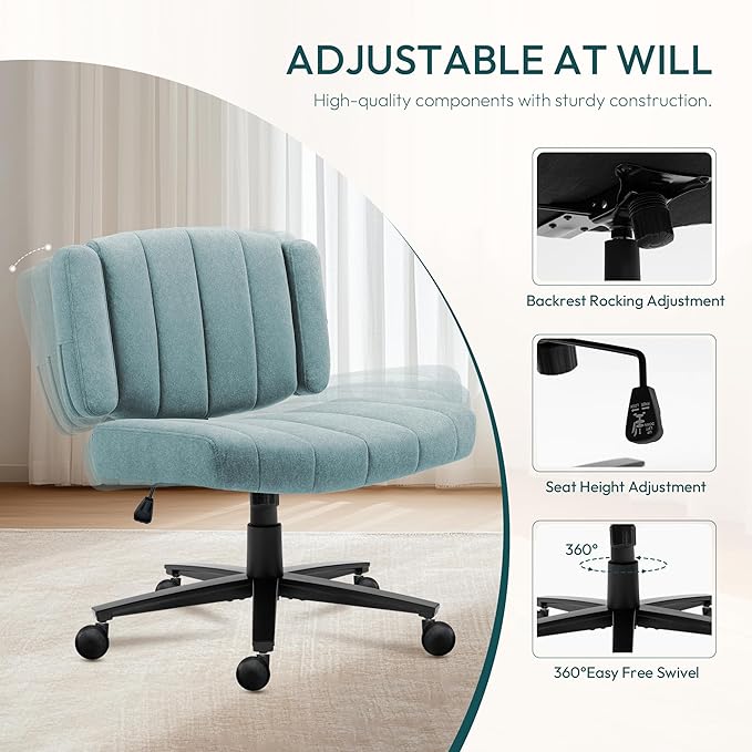 Blue Criss Cross Office Chair with Wheels, Ergonomic Wide Seat Vanity & Dressing Table Chair, Adjustable Arms Swivel Rolling Desk Chair for Women, Comfortable Cross-Legged Support