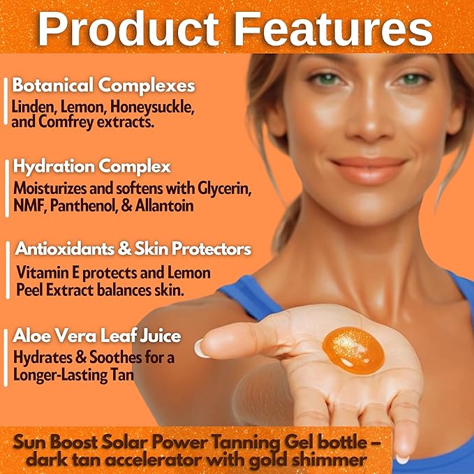 Sun Boost Dark Tanning Accelerator Gel with Gold Mineral Shimmer Dust for Indoor Tanning Bed or Outdoor Solar Use, Aloe Based Hydrating Viral Formula, 5 fl oz