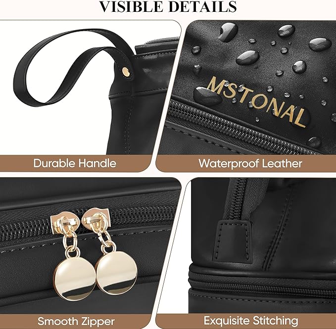 Travel Makeup Bag, Large Capacity Double Layer Cosmetic Bags for Women, Waterproof Portable Make Up Skincare Pouch with Makeup Brush Organizer, Toiletry Bag for Essentials, Black