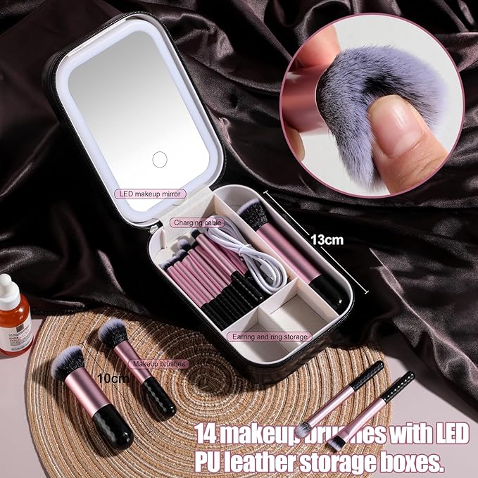 BS-MALL Makeup Brushes Set 14 Pcs with LED Light Mirror – Premium Cosmetic Tools for Flawless Beauty Routines (Black)