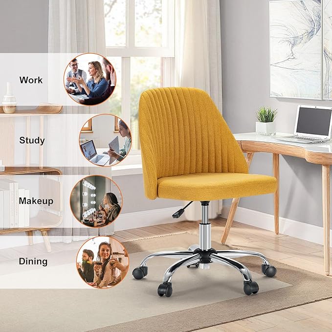 Sweetcrispy Armless Vanity Chair, Cute Comfy Home Office Desk Chair with Wheels, Modern Upholstered Task Computer Seat for Bedroom, Study, Makeup Vanity, Height Adjustable & Swivel, Yellow