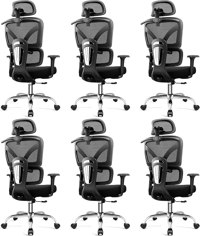 Ergonomic Office Chair, High Back Mesh Desk Chairs Comfy with Adjustable Lumbar Support, Home Computer Gaming Chair with 3D Headrest for Long Hours, 6 Pack