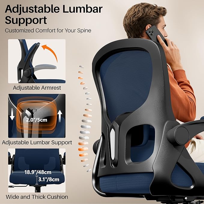 Office Chair Ergonomic Desk Chair, Adjustable Lumbar Support Rolling Swivel Comfy Chair with Space-Saving Flip Up Armrests, Mesh Gaming Chair for Business Work Office & Home,Blue 6pcs