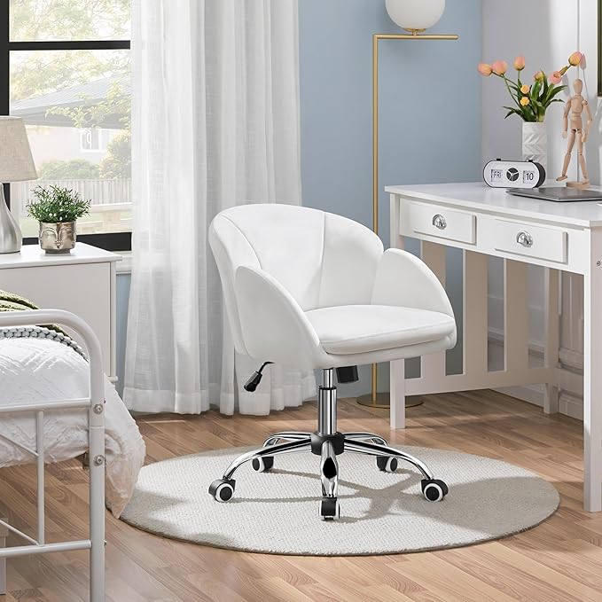 Yaheetech Cute Desk Chair for Home Office, Adjustable Vanity Chair Modern Upholstered Chair Swivel Rolling Task Chair with Armrests for Work, Study, Living Room, Bedroom, Snowy