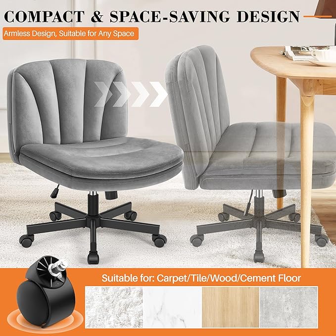 FelixKing Criss Cross Chair with Wheels, Cross Legged Office Chair, Armless Wide Vanity Desk Chair with 2 Layer Comfty Velvet & Back - Swivel for Home Office Bedroom, Velvet Gray